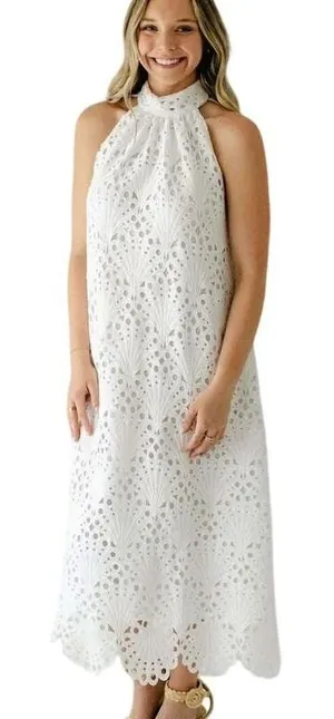 Holly Shae Eyelet‎ Lace Neck Tie Maxi Dress Women's XS/M White Boho Resortwear thumbnail 1