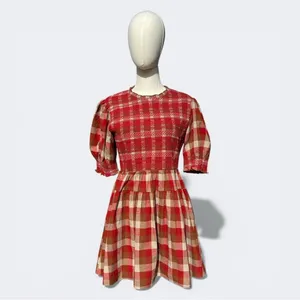AUREUM Smocked Checkered Mini Dress Red Brown Plaid Cottagecore Prairie Size S thumbnail 3