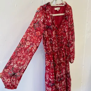 Loft Red Floral‎ Swiss Dot Midi Dress Long Sleeve Button Front V-Neck XS Red thumbnail 4