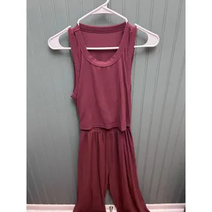 Latched Mama Nursing Jumpsuit Plum Burgundy Ribbed Sleeveless Wide Leg Small thumbnail 2