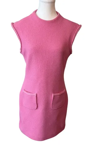 Maje Women Dress 38 Pink Braided Trim Mock Neck Sleeveless Tweed‎ Shift Pocket thumbnail 1