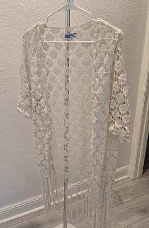 Rebellion Again Crochet Fringe Kimono Duster Cardigan Cream Ivory Women Size S thumbnail 1