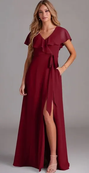 Azazie Burgundy Ruffle Wrap Maxi Dress with Side Slit thumbnail 1