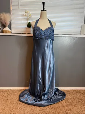 Dave & Johnny Size 12 Blue Satin Beaded Halter Formal Gown Y2K Prom Dress thumbnail 2