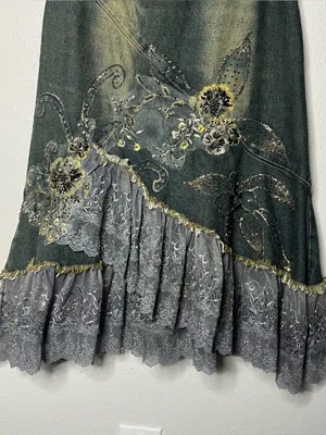 Y2K Vintage Asymmetrical Lace Hem Floral Beaded Fairy Grunge Denim Midi Skirt thumbnail 3