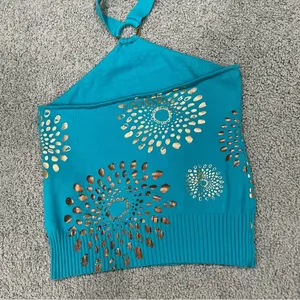 Y2K Halter Top Sz Medium Turquoise Metallic Printed Top thumbnail 9