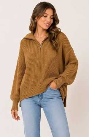 Aerie Oversized Half Zip Sweater XS Camel Chunky Knit Cozy Lounge thumbnail 1