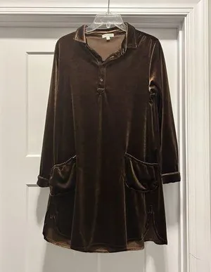 Earthbound Mini Shirt Dress Woman’s Size Small Bronze Brown Velvet Long Sleeve thumbnail 1