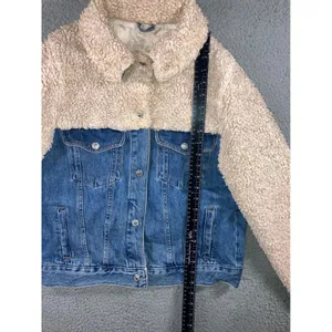 Topshop Denim Jacket Womens 6 Small Blue Cream Borg Fleece Mixed Media Trucker thumbnail 14