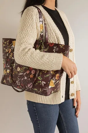 Burgundy Floral Vinyl Tote Bag Gold Ring Detail Large Work Purse 18x12x6 thumbnail 1