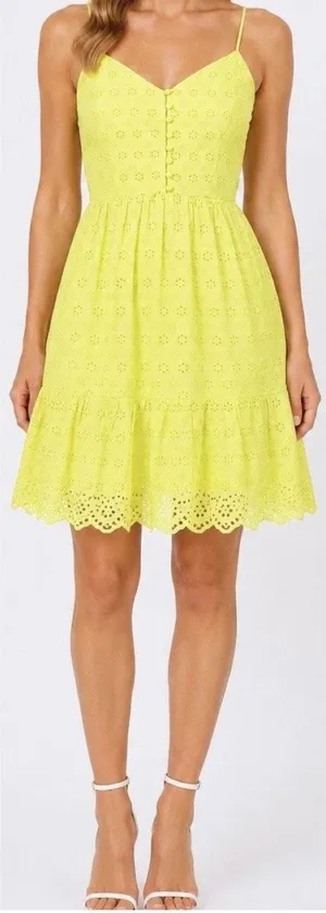 Alice + Olivia Fae Eyelet Embroidered Floral Mini Dress Yellow V-Neck Size 4 NEW thumbnail 1