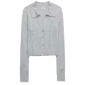 Aerie NWT Women’s Size S Heather Gray Gotta Jet! Ribbed Knit Button Polo Sweater thumbnail 5