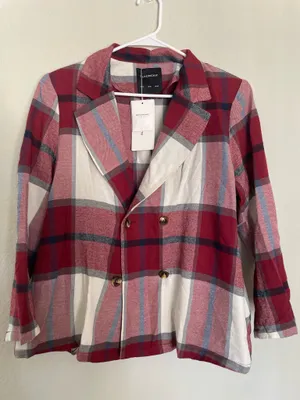 BloomChic Plaid Double-Breasted Blazer Jacket Burgundy Red White Size 12 NWT thumbnail 2