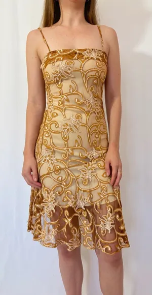 Gold Paisley Swirly Mesh Overlay Vintage Square Neck Formal Dress thumbnail 1