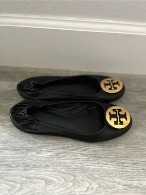Tory Birch Black Leather Ballet Flats with Gold Accent Elasticized Back thumbnail 3