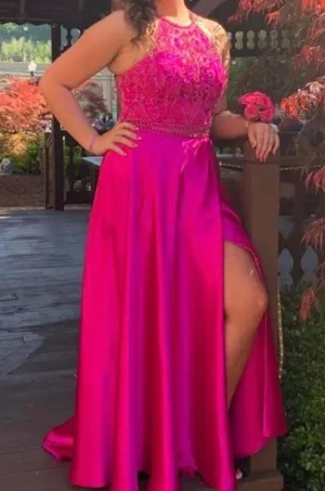 Mori Lee Fuchsia Embellished 2 Piece Prom Dress Size 10 Halter Gown thumbnail 1