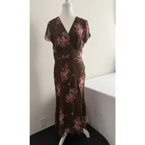 David Warren Silk Floral Midi Dress Brown Y2K 90s Empire Waist Cap Sleeve‎ 8 EUC thumbnail 2
