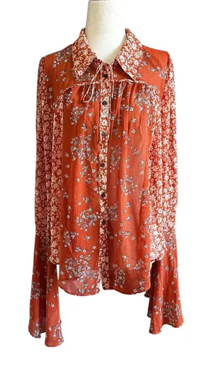 Free People Rust Floral Sheer Collared Blouse Women's Size Large | 74-33-3 thumbnail 1
