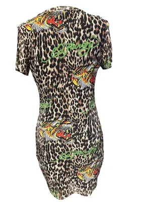 Ed Hardy mini dress with leopard print covered in green logo lettering thumbnail 3