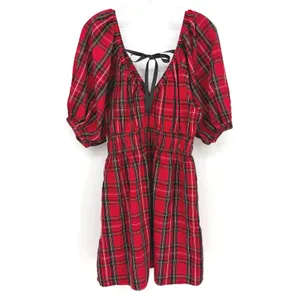 Old‎ Navy Tartan Plaid Mini Dress Womens Medium Red Smocked Puff Sleeve Holiday thumbnail 10