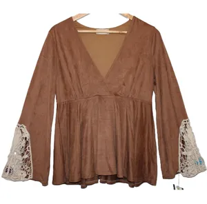 NWOT Altar'd State Brown Cream Bell Sleeve V-Neck Knit Lace Cuffs Blouse Size L thumbnail 1