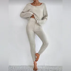 SHEIN Drop Shoulder Ribbed Knit Top & Pants Set, Khaki, Size XS, EUC thumbnail 2