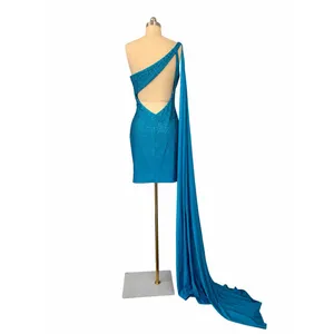 Sherri Hill 54858 Peacock One Shoulder Rhinestone Jersey Mini Dress Cape Sz 8 thumbnail 6