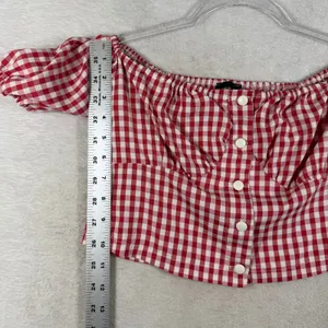 PrettyLittleThing Red White Gingham Off Shoulder Crop Top Button Front Size 2 thumbnail 6