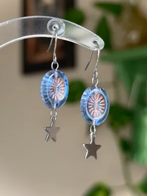 Handmade retro vintage cute whimsical style quality Czech glass beads unique dangle earrings🩵 thumbnail 2