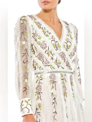 NWT MAC DUGGAL 9133 Hand-Beaded Floral Long-Sleeve Midi‎ Dress, Sz 2, IvoryMulti thumbnail 2