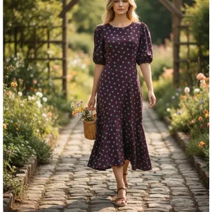 Bobeau Brown Polkadot Midi Dress MEDIUM Cottage Business Casual Biascut Work $88 thumbnail 2