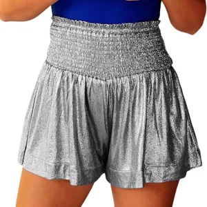 NWT TCEC Womens Chrome Metallic Shorts Silver Futuristic‎ High Rise Smocked Rave thumbnail 1