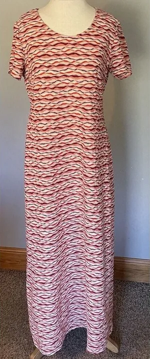 Vintage 90s Textured Wavy Maxi‎ Dress Red Pink Chevron Stretchy Retro Fall L thumbnail 1