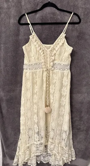 Cream Bohemian Dress Boho Floral Lace Crochet Pom Pom High Low Neutral Resort thumbnail 1
