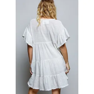 POL Cotton Ruffle Shirred V-Neck Short Sleeve Dress - Ivory - Medium thumbnail 3