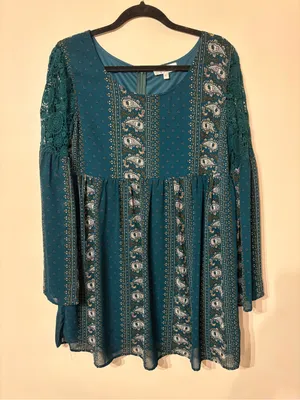 entro Teal Floral Boho Babydoll Mini Dress thumbnail 2