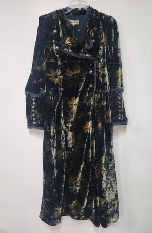 Free People Hazel Duster Velvet Coat Floral Print Black Gold Brown Lined XL H thumbnail 6