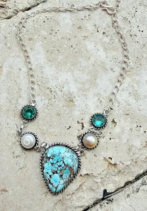 Large Turquoise Pearl Statement Necklace Sterling Silver Overlay thumbnail 1