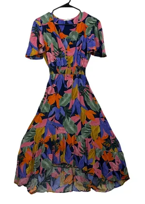 Abel the Label Dress Womens Small Blue Tropical Floral High Low Leonard Smocked thumbnail 1