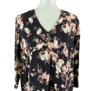 J Jill Floral Tunic Dress XL Black Pink Long Sleeve Cottagecore Stretch Soft thumbnail 3
