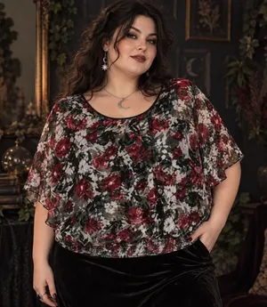 Alyx Floral Chiffon Top Sz 3XL Whimsigoth Smocked Dolman Sleeve Dark Romantic thumbnail 1