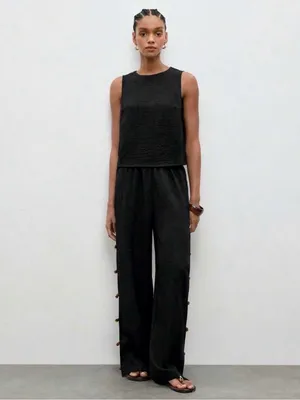 🦓🦓🦓BOGOHO🦓🦓🦓Black Sleeveless Wide-Leg Jumpsuit with Side Beaded Accents-12 thumbnail 9
