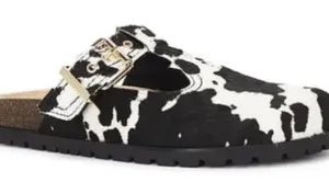 Steve Madden 'Atticus' Black & White Cow Print Calf Hair T-Strap Buckle Clogs thumbnail 1