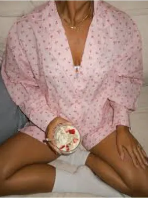 LOUNGE Pajama Set Cropped Button Up Shorts Pink Ditsy Floral Cotton XL thumbnail 15