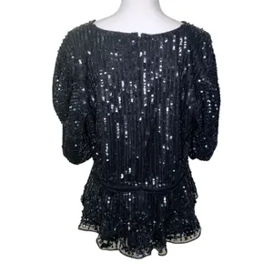 Mac Duggal R5694 Black Sequin Floral Faux Wrap Peplum Top L thumbnail 6