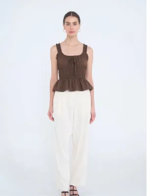 NWT Blu Pepper Brown Ruffle Front Tie Shirred Peplum Tank Top Medium thumbnail 4