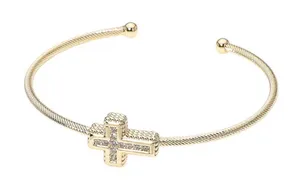 14K Gold Plated CZ Stone Paved Cross Accent Cuff Bracelet thumbnail 1