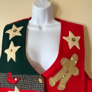 Keren Hart‎ Vintage Christmas Vest Patchwork Holiday Gingerbread Stars Women's L thumbnail 4
