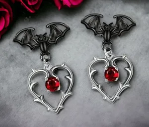 Gorgeous Black Bat Heart‎ Dangle Halloween Earrings with Ruby Color Decor Silver thumbnail 1