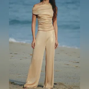 Zara NWT gold shimmery stretchy flowy pants thumbnail 3